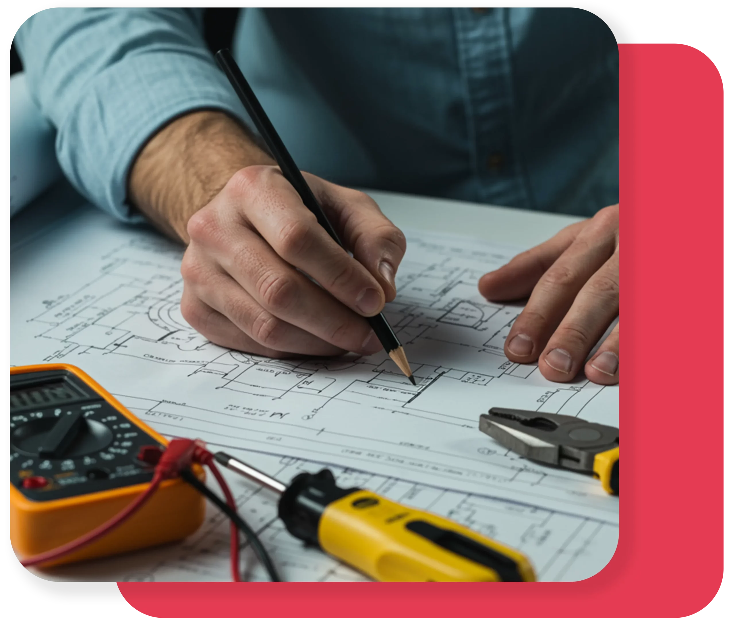 Mains écrivant au crayon sur un plan du réseau électrique d’une maison